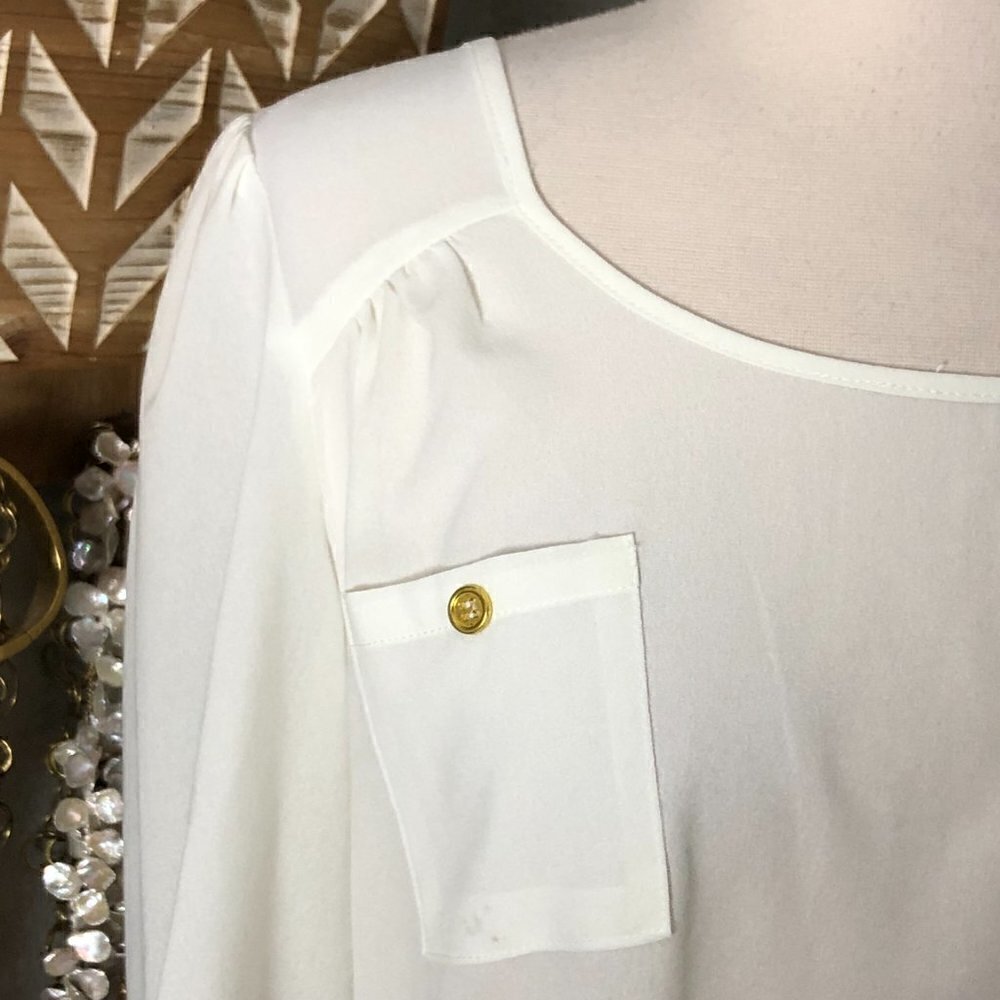 MINE Sheer Blouse Women's size L White & Gold Button T Back 3/4 Sleeve - Picture 6 of 11